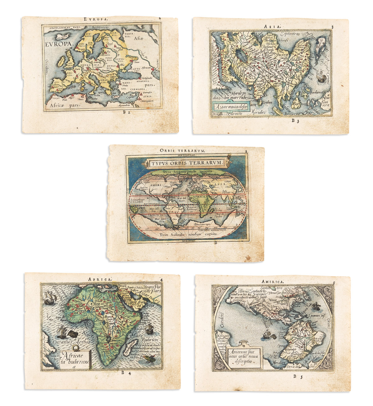 ORTELIUS, ABRAHAM; and PHILILLPE GALLE. Set of 5 miniature maps of the world and continents.